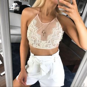 Lace Mesh Halter Crop Top in Blush